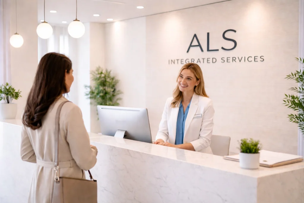 Front desk reception at ALS Integrated Services with staff assisting a client in a professional healthcare office.