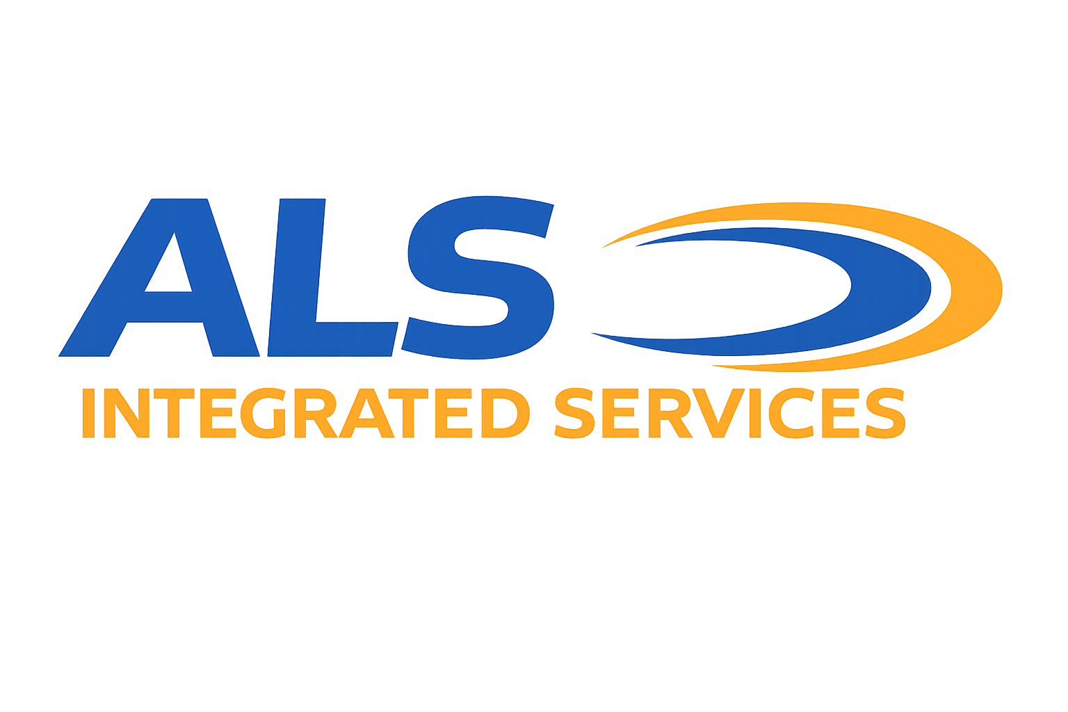 ALS Integrated Services logo with blue ALS lettering, orange and blue swoosh, and “Integrated Services” displayed below in orange.