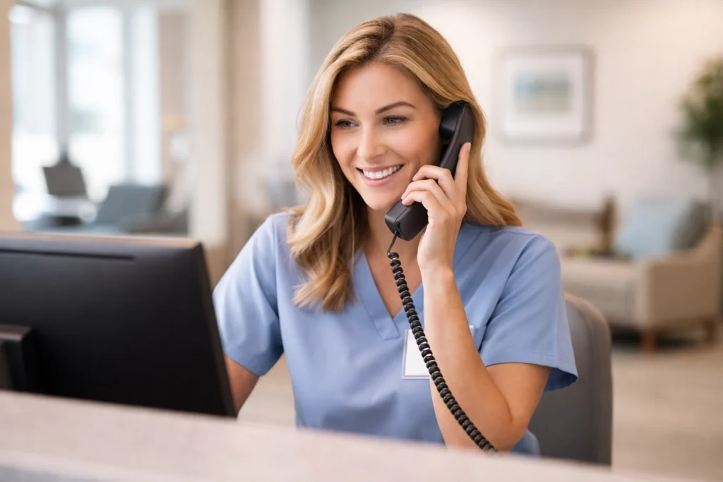 Healthcare administrative professional at ALS Integrated Services assisting a client by phone.